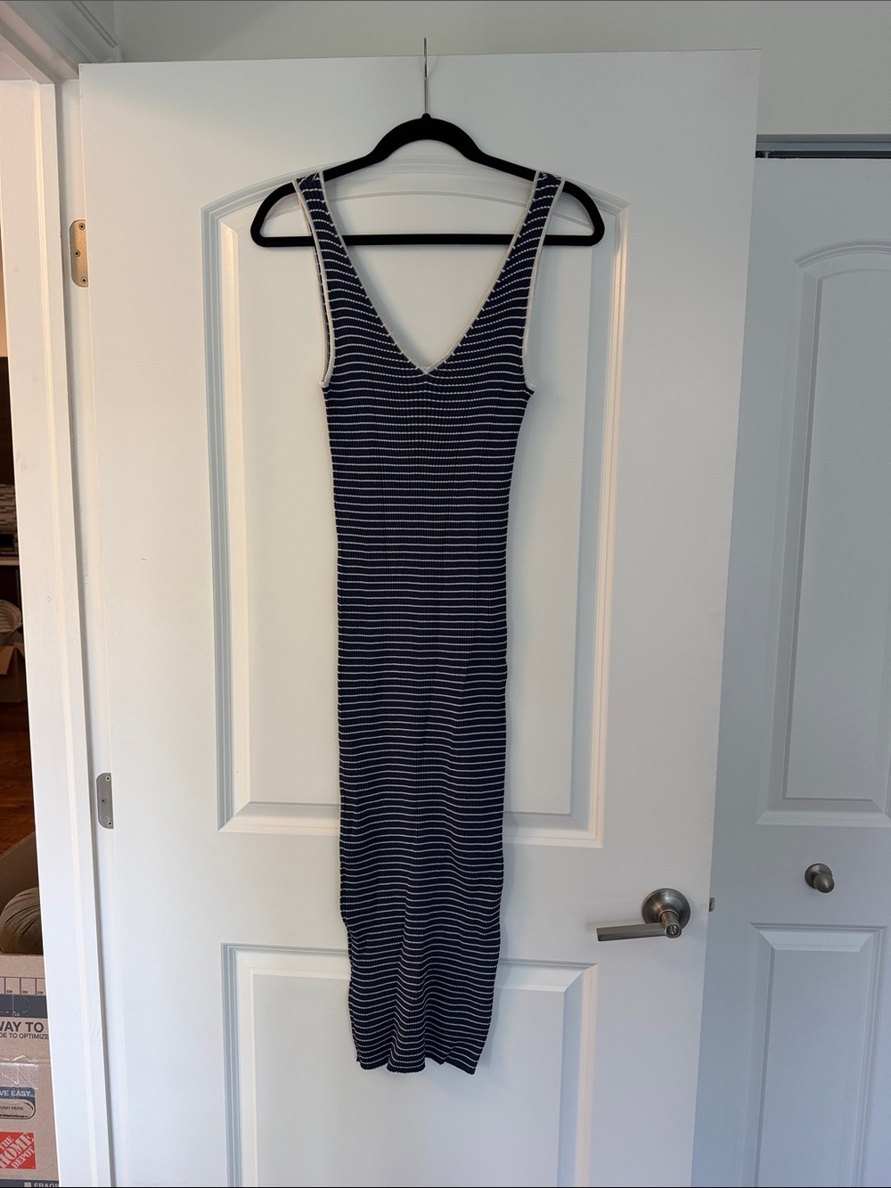STAUD Navy and White Striped Ribbed Tank Midi Dress